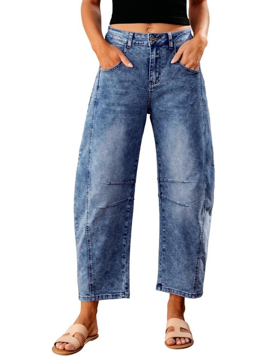 Denim - Barrel Jeans for Women Trendy High Waisted Wide Leg Baggy Cropped Relax Fit Stre